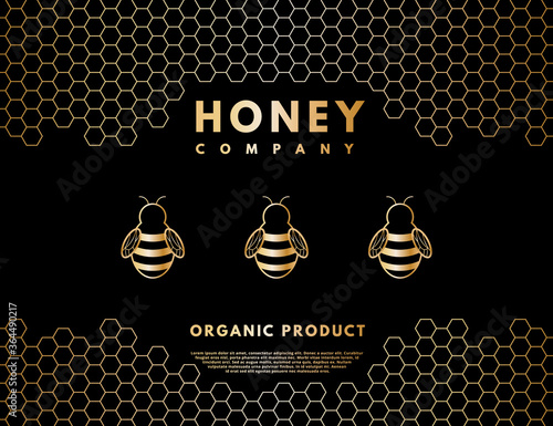 Honey logo with gold gradient honey bee and honeycombs. Label banner for company isolated from black background. Vector illustration.