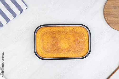 Top view of Homemade cornbread in the baking tray