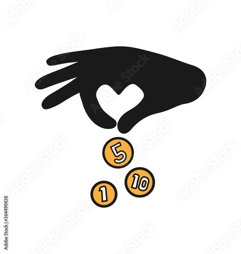 Charity donation, a vector flat illustration of a hand shaped like a heart symbol giving out coins money to help others in need.
