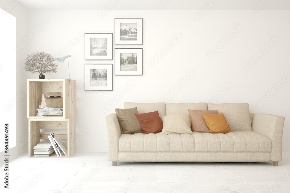 White stylish minimalist room with sofa. Scandinavian interior design. 3D illustration