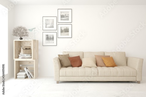 White stylish minimalist room with sofa. Scandinavian interior design. 3D illustration © AntonSh