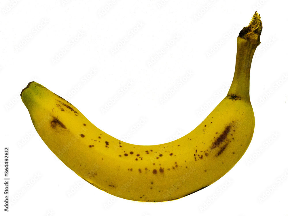 Single Yellow Banana With Brown Texture, Isolated on White Background
