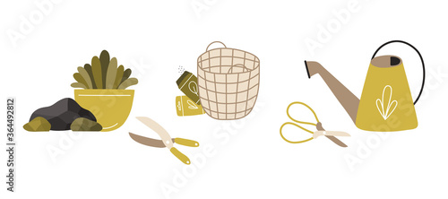 Composition with gardening tools isolated on white background. Bundle of equipment for agricultural work, plant cultivation or transplantation, work in garden. Flat cartoon vector illustration.