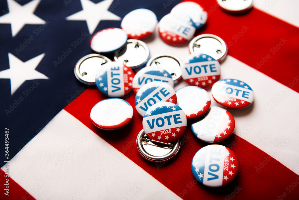 Vote election badge button for 2020 on flag of America