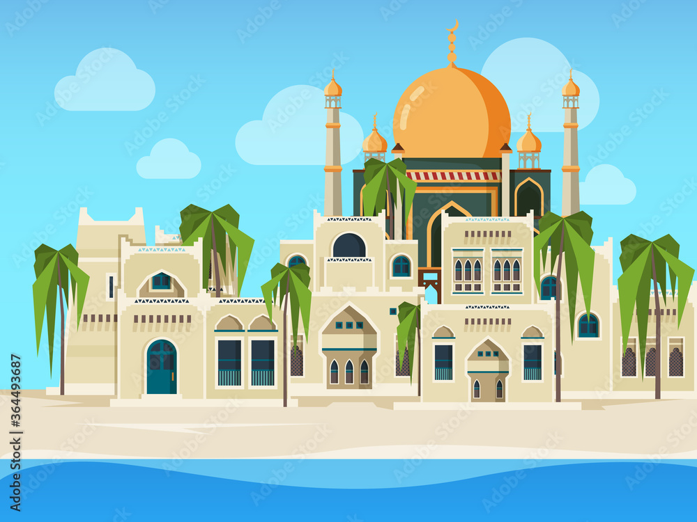 Arabic landscape. Cultural muslim buildings desert background with