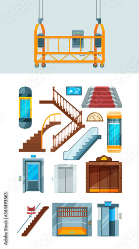 Elevator. Building stairs apartment lifting mechanism vector collection of elevators. Lift down and up, interior staircase illustration, motion transportation way