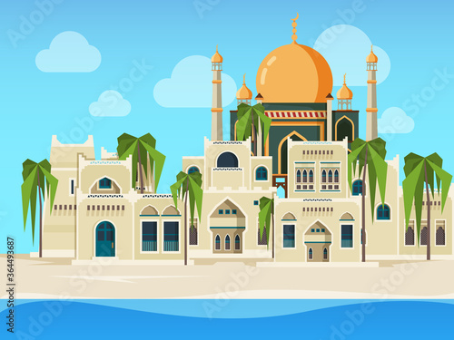 Arabic landscape. Cultural muslim buildings desert background with arabic architectural objects vector illustration in flat style. Building muslim architecture, arabic culture traditional