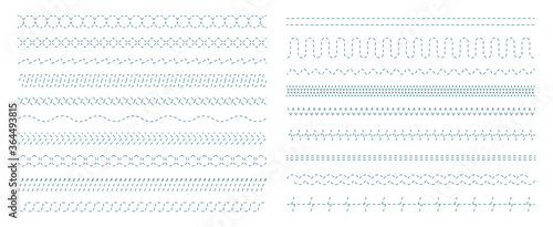 Embroidery stitches. Fabric sewing stripped shapes textile geometrical dividers sew brushes vector seamless set. Stitch pattern line, textile embroidery border illustration