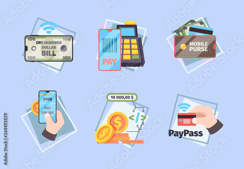Mobile payments. Business concept pictures online banking nfc mobility innovative systems phone commercial transaction vector flat illustration. Service transaction innovation, transfer use smartphone