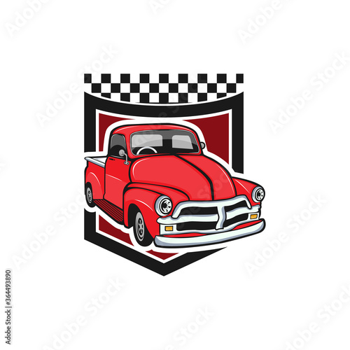 Retro car repair garage sign with retro style truck. Custom restoration shop. Truck  illustration of classic retro style truck. Isolated on grey.