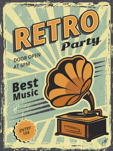 Retro party. Invitation poster with gramophone and vinyl records music vector placard. Retro music invitation party, graphic gramophone with vinyl illustration