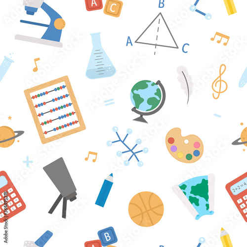 Back to school vector seamless pattern. Educational digital paper. Cute flat style classroom objects repeating background with subject icons, lesson concepts, stationery..