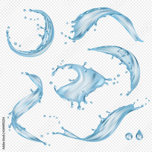 Water flowing. Transparent ocean splashes liquid water vector drops collection. Freshness wet wave, droplet bending, splashing and flowing illustration