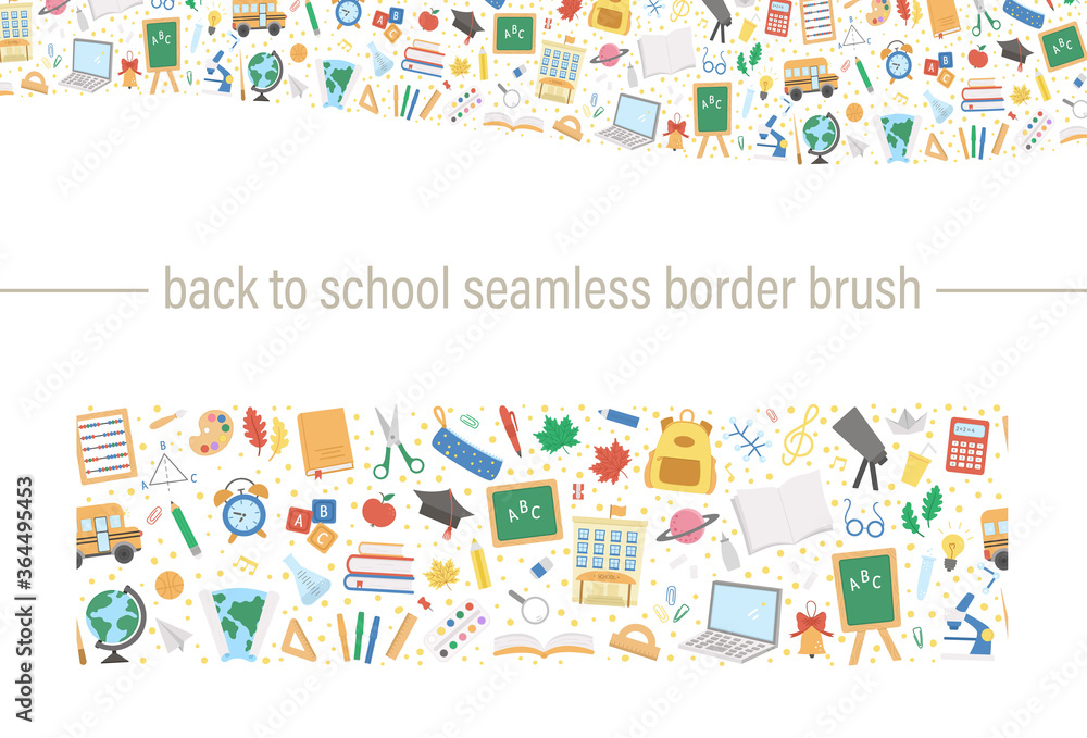 Back to school vector seamless pattern brush. Educational digital paper. Cute flat style classroom objects repeating border background with supplies, school building, bus, books, stationery.. Back to school vector seamless pattern brush. Educational digital paper. Cute flat style classroom objects repeating border background with supplies, school building, bus, books, stationery..