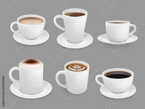 Coffee cup collection. Hot drinks with foam and steam smelling beverage top view cup with liquids coffee espresso and cappuccino vector. Coffee and cappuccino, espresso hot drink illustration