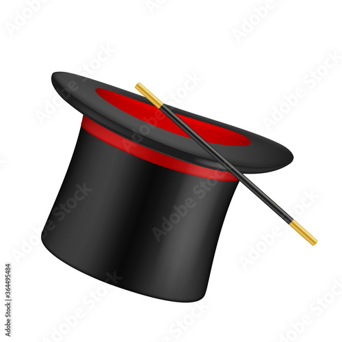 Realistic top hat. Magician symbols top hat and magical wand vector illustration. Magic hat to entertainment, wand to trick illusion