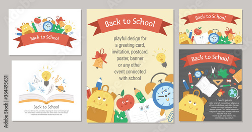 Vector back to school set of compositions with ribbon and cute kawaii schoolbag, bell, leaf, alarm clock. Funny educational designs for banners, posters, invitations. Vertical card templates