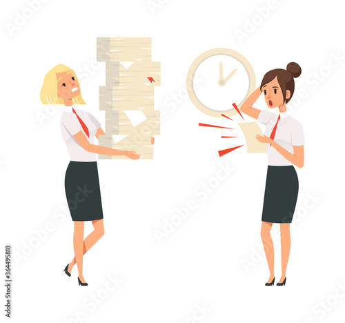 Office managers. Unfulfilled tasks, deadline time. Isolated girls in suits scared and tired vector illustration. Office work, business stress with pile task