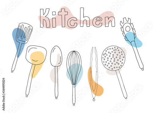Kitchen tools set. Turner, ladle, mesh, tongs, spaghetti server. Vector isolated elements