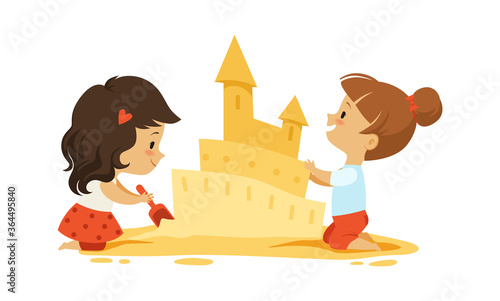 Sand castle. Little girls play in sandbox or on beach. Isolated kids outdoors vector characters. Cartoon girl leisure and play in sandbox, building castle