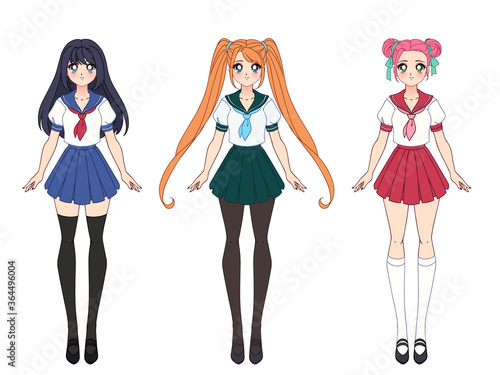 Set of three anime girls wearing japanese school uniform.