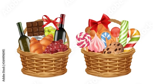 Christmas gift baskets. Realistic food packaging, grocery store festive promo presents vector illustration. Basket christmas with gift and wine bottle, gingerbread and candy