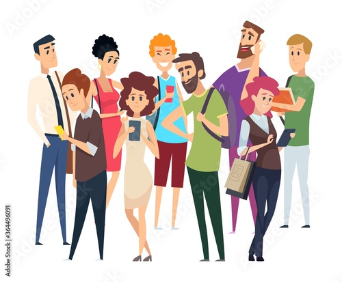 Different people crowd. Isolated man woman with gadgets and book. Happy confused displeased vector characters. People social group community with gadget and books illustation
