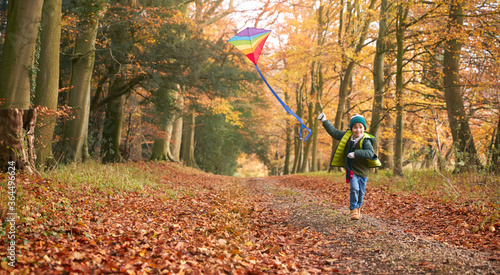 Young Boy Having Fun Running Along Path Through Autumn Woodland Flying Kite