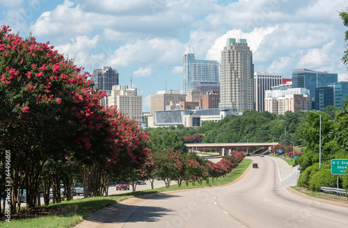 Downtown skyline of Raleigh, NC with crepe myrtle trees in bloom