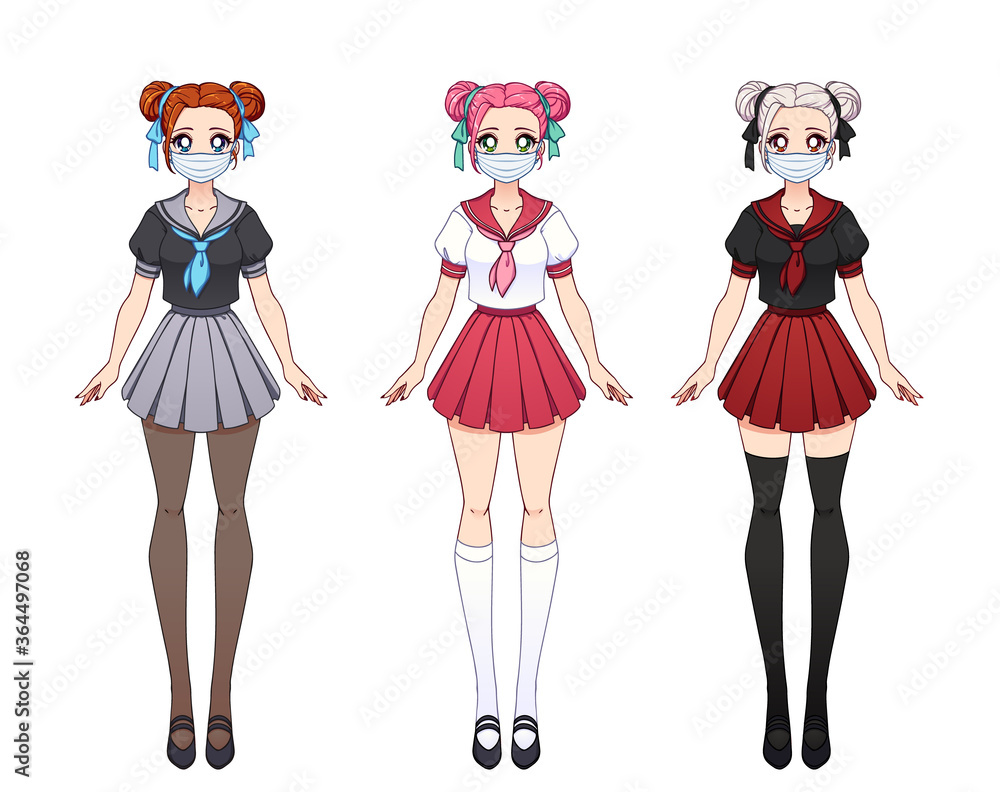 Set of three anime girls. Cute girls with big eyes and wearing medical mask. Set of three anime girls. Cute girls with big eyes and wearing medical mask.