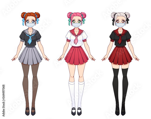 Set of three anime girls. Cute girls with big eyes and wearing medical mask.