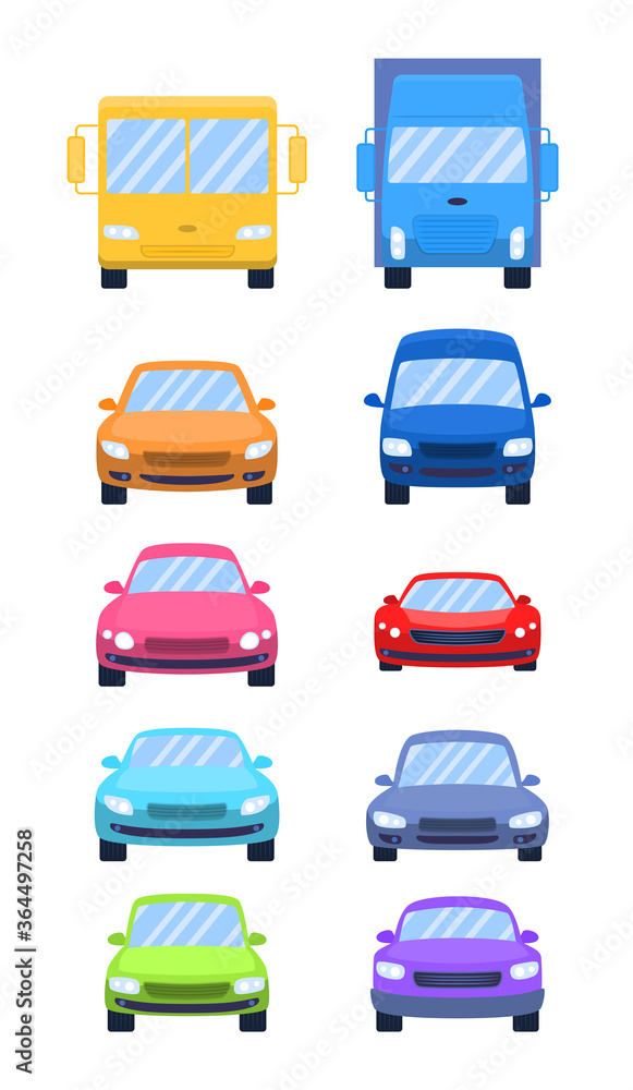 Cartoon Color Different Cars Front View Icons Set. Vector
