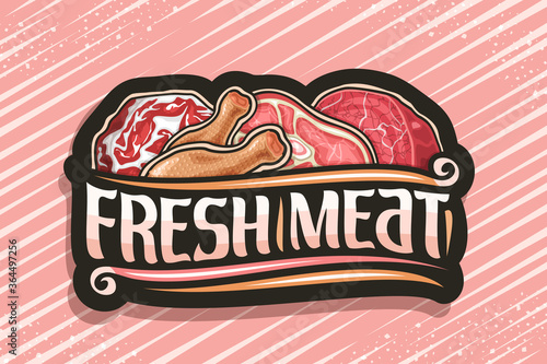 Vector logo for Fresh Meat, dark decorative badge with illustration of different meat pieces, signage with vintage flourishes and unique brush letters for words fresh meat on red striped background.