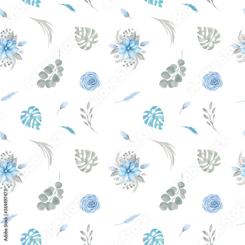 Watercolor Seamless pattern of Floral blue flowers and greenery on a white background Rose Magnolia Leaves, Tropical leaves, the Branch of eucalyptus. Botanical elements