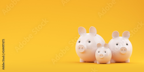 Three piggy banks on a yellow background. 3d render illustration. Illustration for advertising.