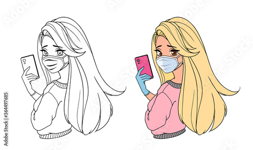 Pretty cartoon girl with long blonde hair taking selfie