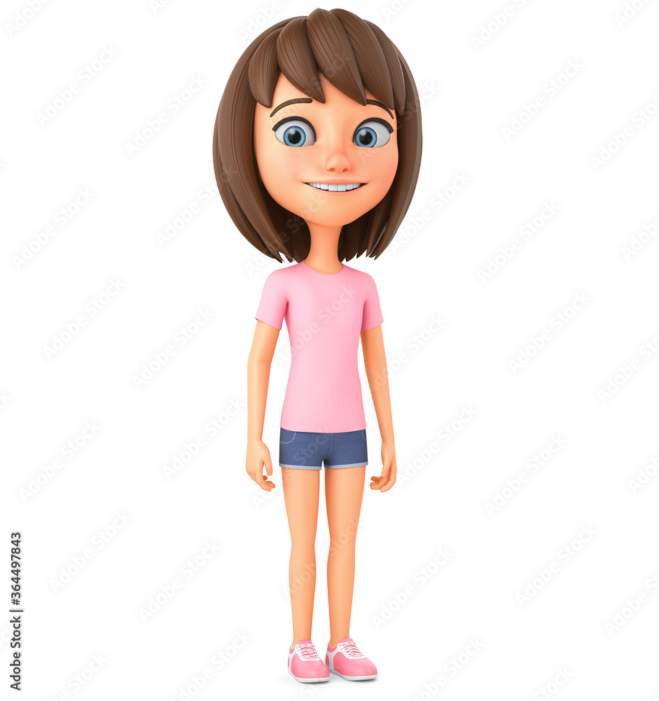Cheerful cartoon girl character on a white background. 3d render illustration. Illustration for advertising. Cheerful cartoon girl character on a white background. 3d render illustration. Illustration for advertising.