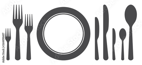 Set of plate, fork, knife, spoon for dinner. Icons of cutlery for lunch, breakfast. Silhouette of Utensil for food on kitchen. Symbol of restaurant, cafeteria, gastronomy. Logo banquet, menu. Vector