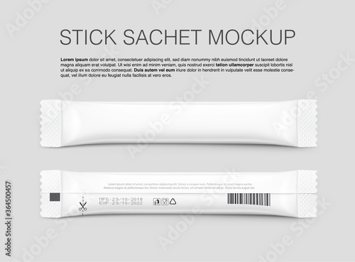 Set of stick pack for products of the food and cosmetic industry on white background. Realistic and contour vector illustration. Possibility use for granulated, powder products. Coffee, 3 in 1, sugar.
