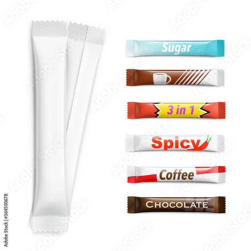 Set of stick pack for products of the food and cosmetic industry on white background. Realistic and contour vector illustration. Possibility use for granulated, powder products. Coffee, 3 in 1, sugar.