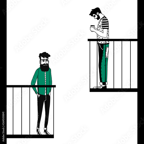 Building with balconies, side view. two male characters standing on the terrace. Walking in quarantine. Megapolis and neighbors in an apartment building.Vector illustration in flat style