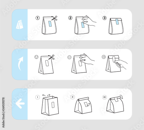 Reusable closing packing guide.Adhesive label with user instruction. Vector elements on white background. Ready for use for your design, promo, advertising. EPS10.	