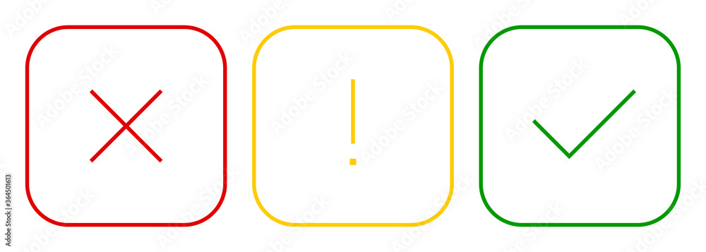 Set of square check mark, exclamation point, X mark thin line icons, buttons isolated on a white background. EPS10 vector file Set of square check mark, exclamation point, X mark thin line icons, buttons isolated on a white background. EPS10 vector file