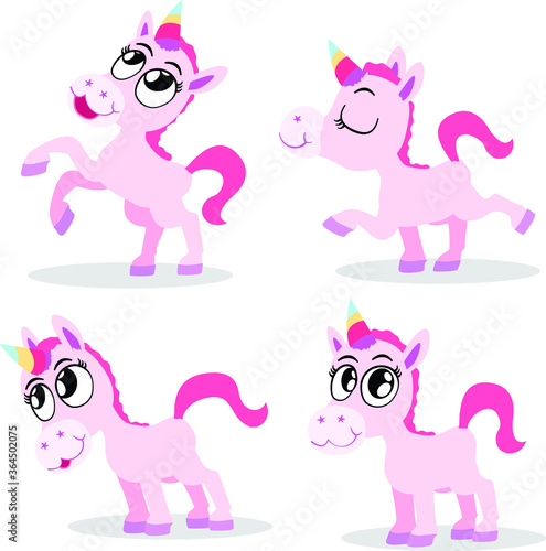 A cute red and pink little unicorn in four adorable poses.