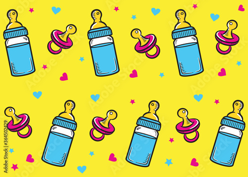 Colorfull cartoon baby background with hand drawn nipples and milk bottles. Seamless baby pattern