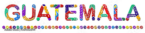Guatemala. Multicolored bright isolate inscription. Colored curves decorative doodle letters, line. Guatemala for print, clothing, t-shirt, souvenir, booklet, banner, flyer, ads. Stock vector picture.