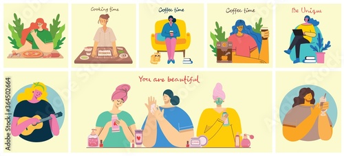 Women activities backgrounds. Women doing yoga, cooking, reading and working concept in the flat style
