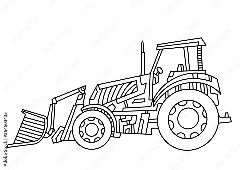 Fototapeta premium Construction machinery, tractor. Coloring book for children. Road car, truck, movement. Simple lines, copyright illustrations.