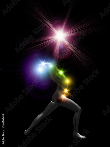 3d human in yoga pose with chakras