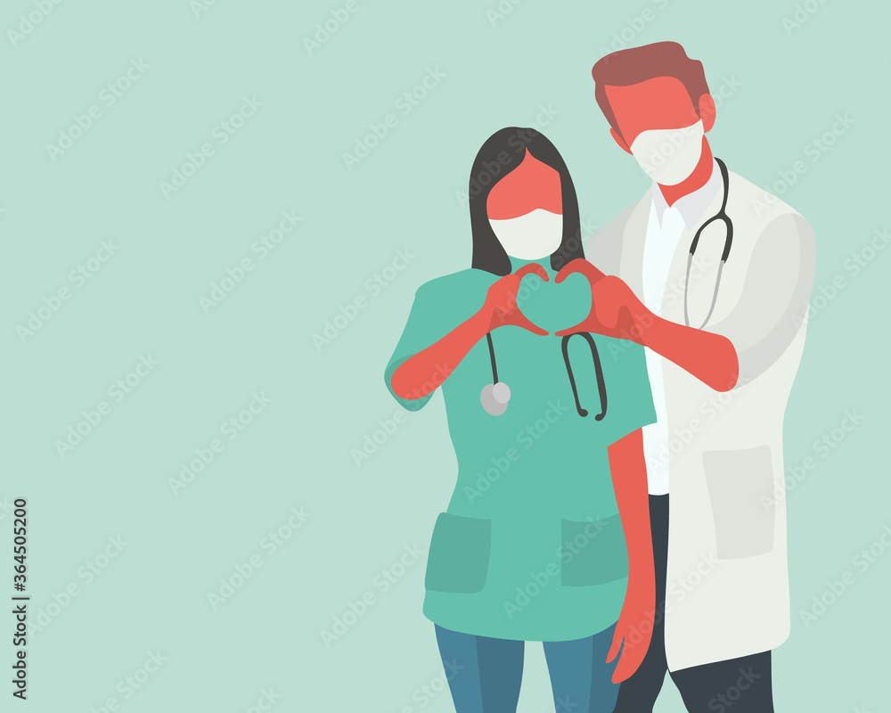 Nurses couple making heart symbol with hands. Pleasant and friendly workers in hospital and medical centers.